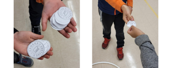 Two images side by side. The first image shows two students with palms outstretched to display piles of paper coins. In the second image, the students are exchanging a paper toonie.